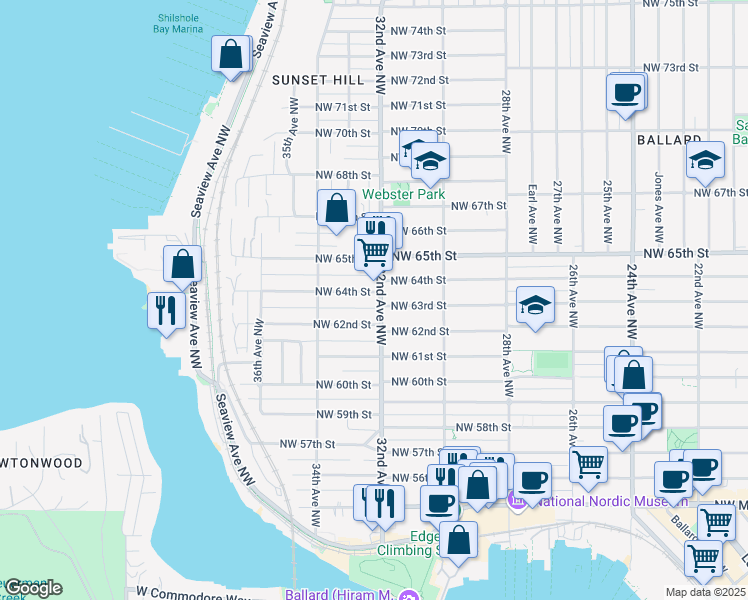map of restaurants, bars, coffee shops, grocery stores, and more near 3203 Northwest 64th Street in Seattle