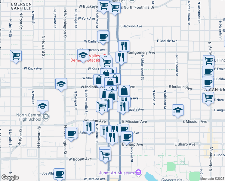 map of restaurants, bars, coffee shops, grocery stores, and more near 1814 North Division Street in Spokane