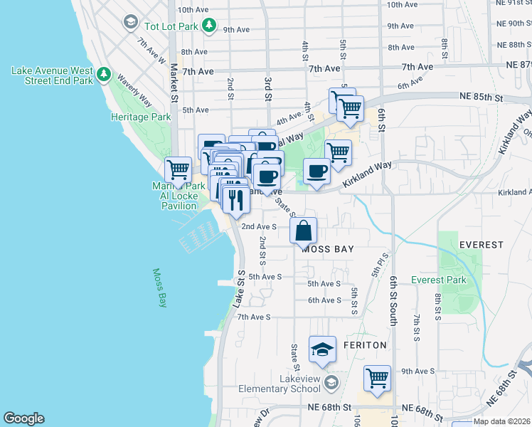 map of restaurants, bars, coffee shops, grocery stores, and more near 100-198,101-199 2nd Place in Kirkland