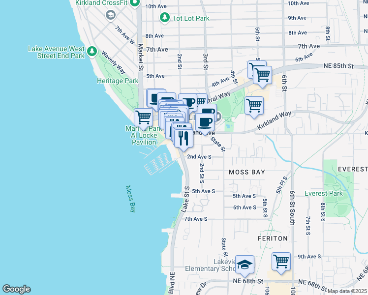map of restaurants, bars, coffee shops, grocery stores, and more near 140 Lake Street South in Kirkland