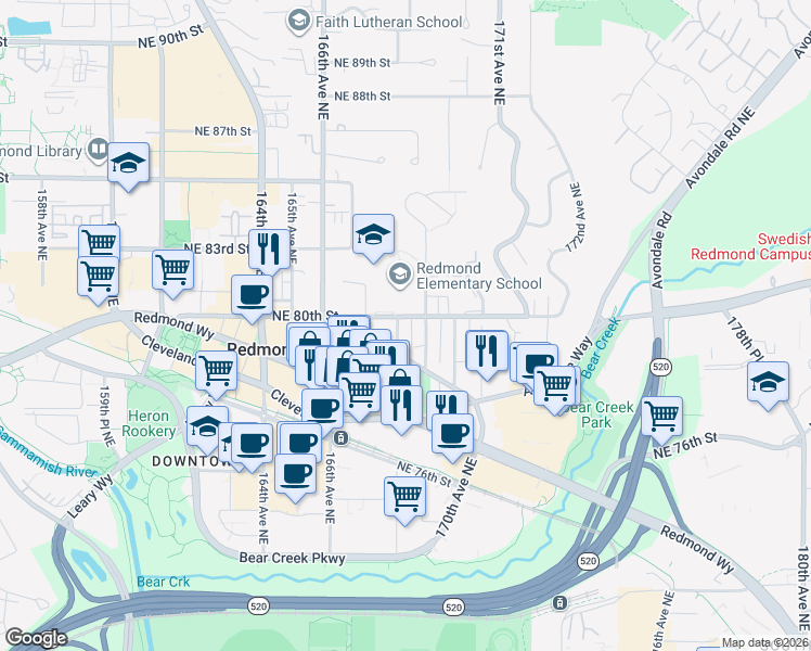 map of restaurants, bars, coffee shops, grocery stores, and more near 7961 168th Avenue Northeast in Redmond