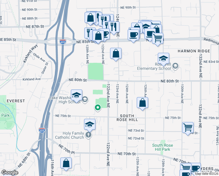 map of restaurants, bars, coffee shops, grocery stores, and more near 7918 122nd Avenue Northeast in Kirkland