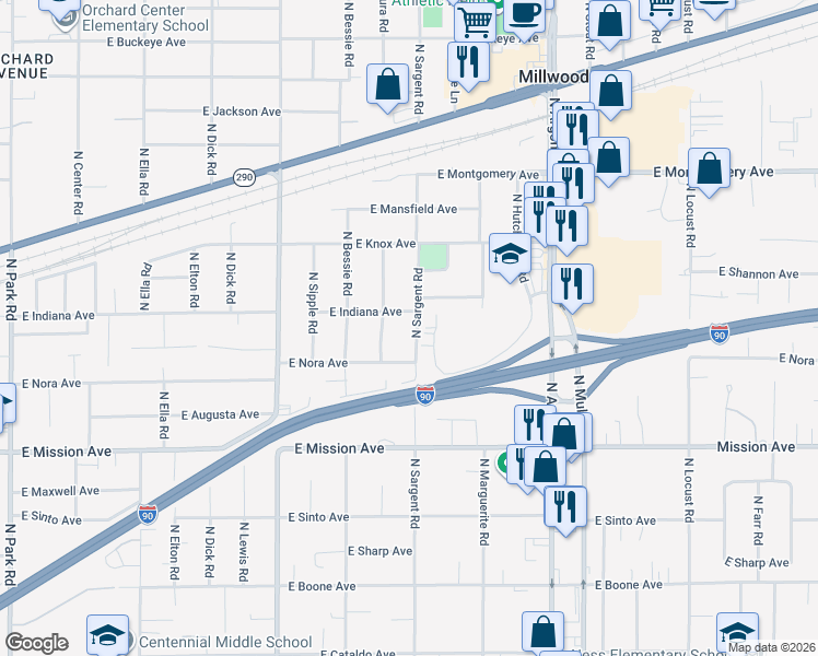 map of restaurants, bars, coffee shops, grocery stores, and more near 1913 North Sargent Road in Spokane Valley