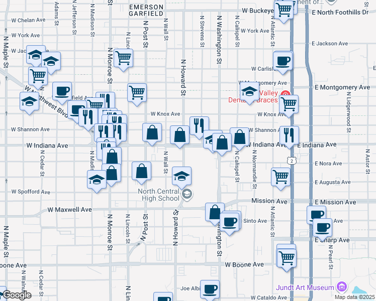 map of restaurants, bars, coffee shops, grocery stores, and more near 527 West Indiana Avenue in Spokane