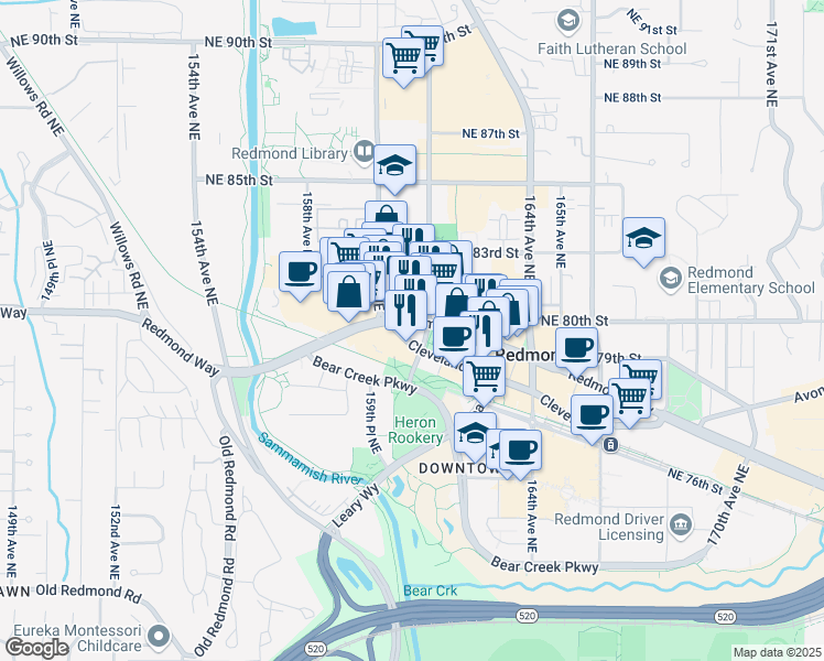 map of restaurants, bars, coffee shops, grocery stores, and more near 16119 Redmond Way in Redmond