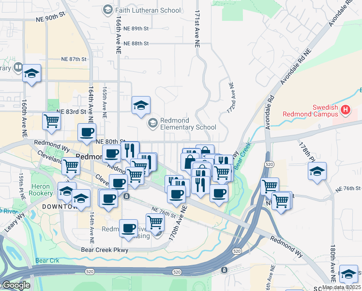 map of restaurants, bars, coffee shops, grocery stores, and more near 7980 170th Avenue Northeast in Redmond