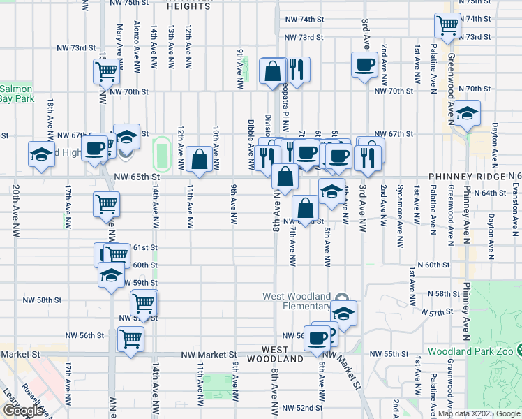 map of restaurants, bars, coffee shops, grocery stores, and more near 822 Northwest 63rd Street in Seattle