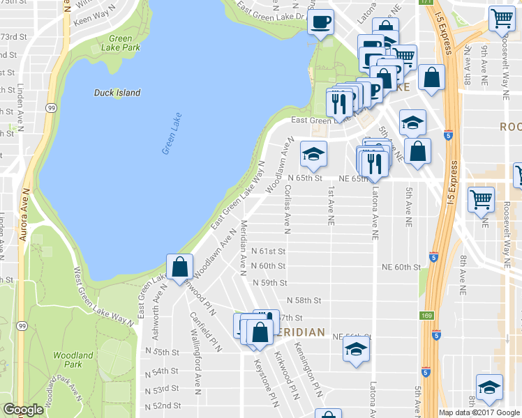 map of restaurants, bars, coffee shops, grocery stores, and more near 2122 North 63rd Street in Seattle