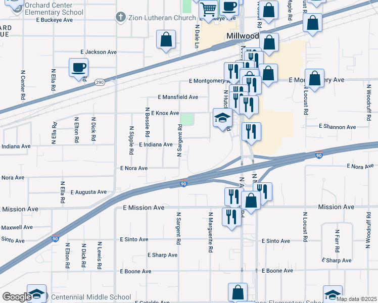 map of restaurants, bars, coffee shops, grocery stores, and more near 1908 North Dale Lane in Spokane Valley