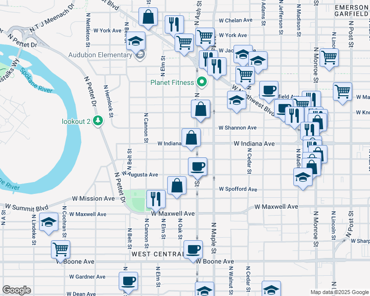 map of restaurants, bars, coffee shops, grocery stores, and more near 1721 West Indiana Avenue in Spokane
