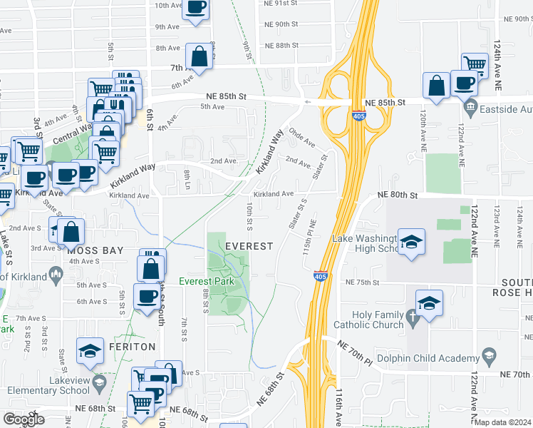 map of restaurants, bars, coffee shops, grocery stores, and more near 30 10th Place South in Kirkland