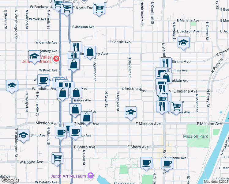 map of restaurants, bars, coffee shops, grocery stores, and more near 424 East Indiana Avenue in Spokane