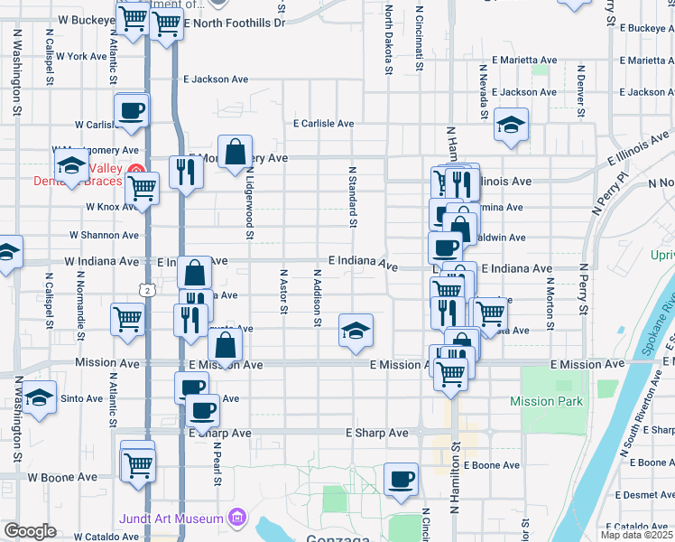 map of restaurants, bars, coffee shops, grocery stores, and more near 518 East Indiana Avenue in Spokane