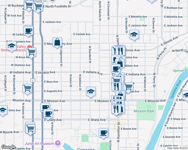 map of restaurants, bars, coffee shops, grocery stores, and more near 614 East Indiana Avenue in Spokane