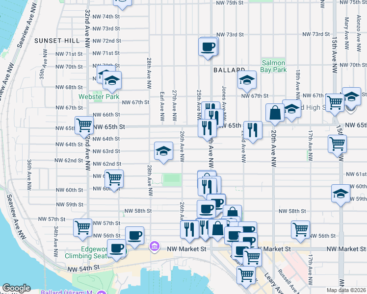 map of restaurants, bars, coffee shops, grocery stores, and more near 2441A Northwest 63rd Street in Seattle
