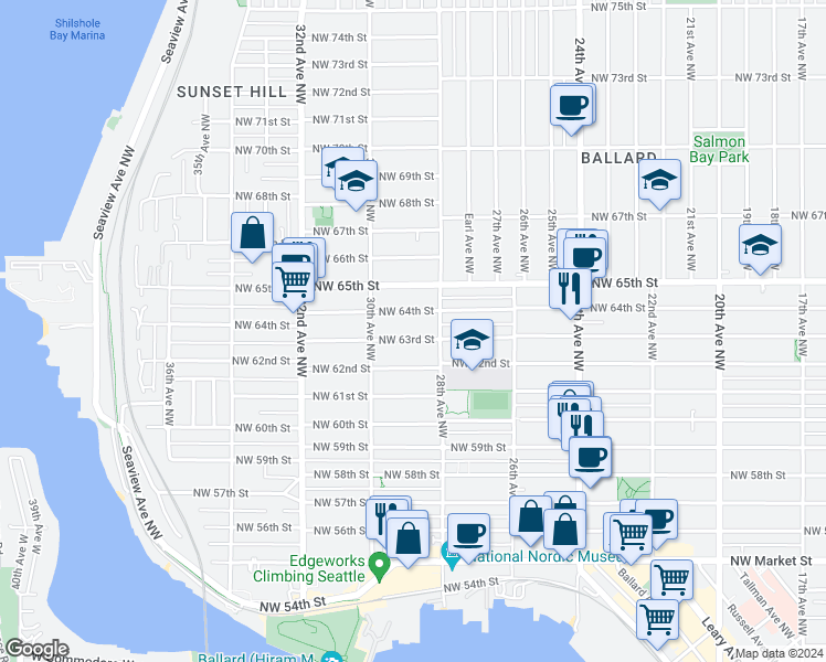 map of restaurants, bars, coffee shops, grocery stores, and more near 2822 Northwest 63rd Street in Seattle
