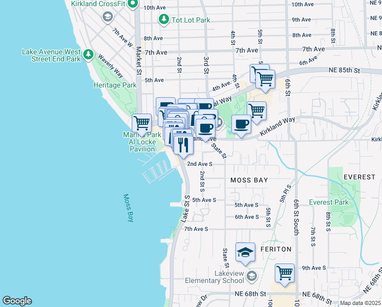 map of restaurants, bars, coffee shops, grocery stores, and more near 108 2nd Avenue South in Kirkland