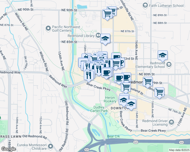 map of restaurants, bars, coffee shops, grocery stores, and more near 15790 Redmond Way in Redmond