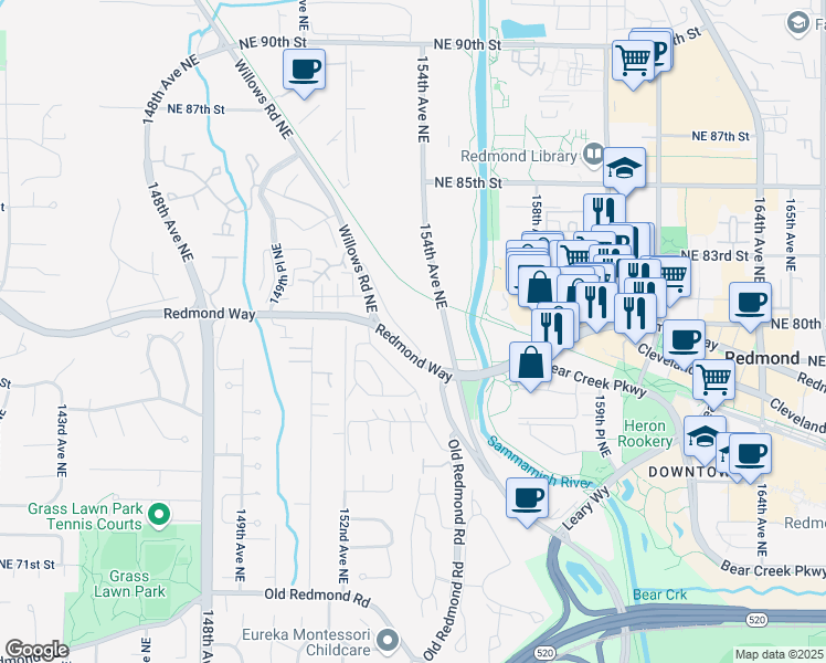 map of restaurants, bars, coffee shops, grocery stores, and more near 7900 Willows Road in Redmond
