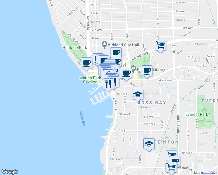 map of restaurants, bars, coffee shops, grocery stores, and more near 127 Lake Street South in Kirkland