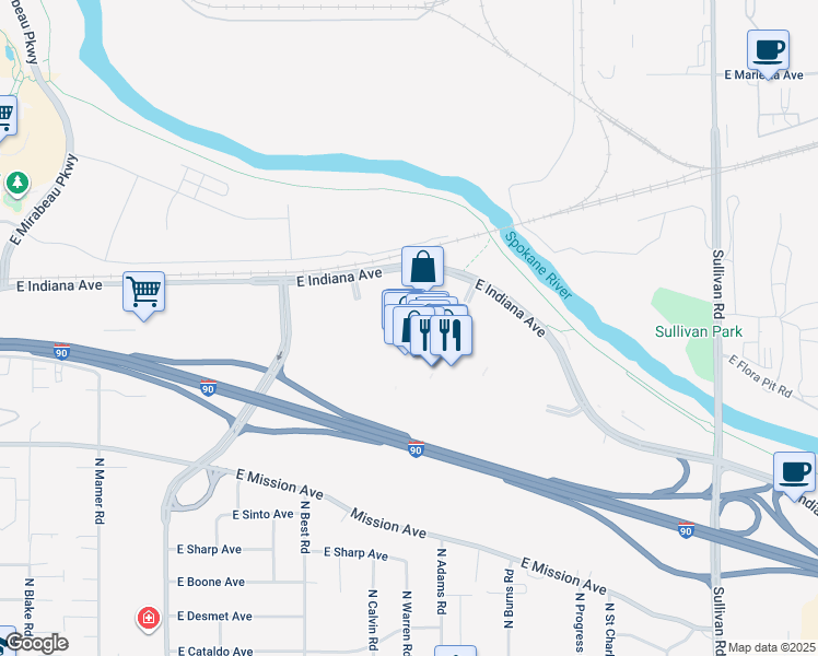 map of restaurants, bars, coffee shops, grocery stores, and more near 14720 East Indiana Avenue in Spokane