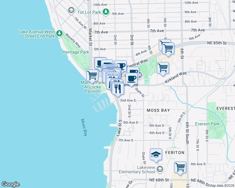 map of restaurants, bars, coffee shops, grocery stores, and more near 140 Lake Street South in Kirkland
