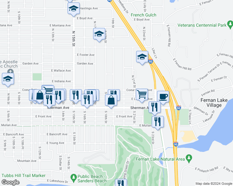 map of restaurants, bars, coffee shops, grocery stores, and more near 1917 East Lakeside Avenue in Coeur d'Alene