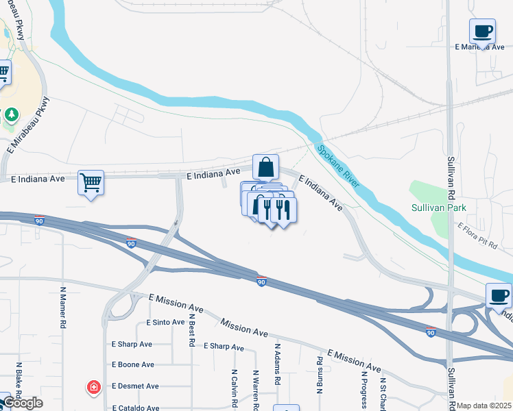 map of restaurants, bars, coffee shops, grocery stores, and more near 14700 East Indiana Avenue in Spokane Valley