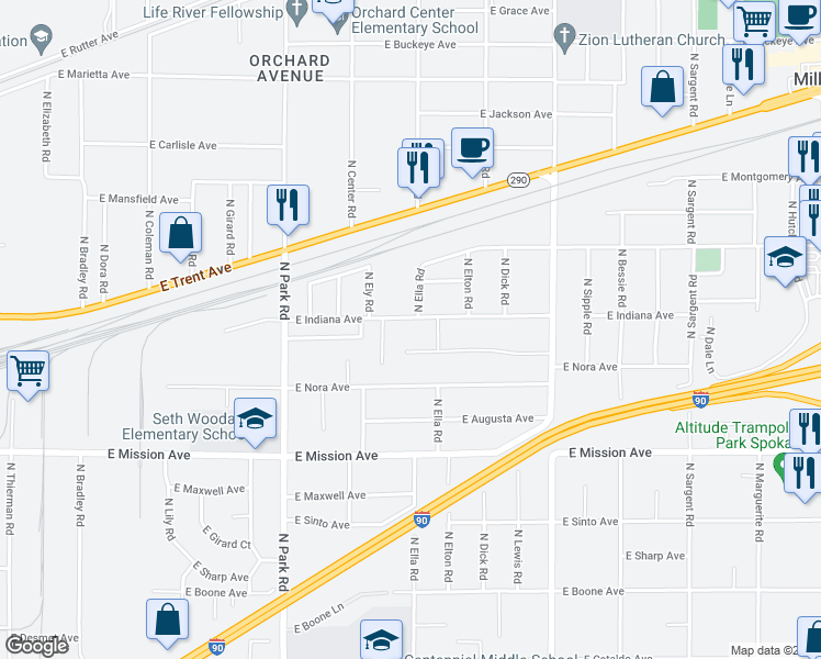 map of restaurants, bars, coffee shops, grocery stores, and more near 7909 East Baldwin Avenue in Spokane Valley