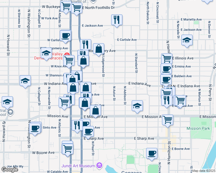 map of restaurants, bars, coffee shops, grocery stores, and more near 1817 North Astor Street in Spokane