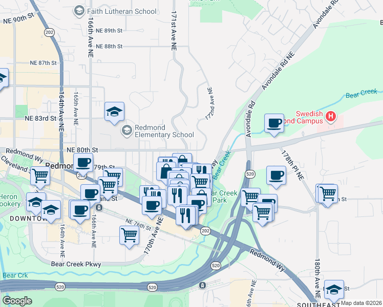 map of restaurants, bars, coffee shops, grocery stores, and more near 7915 172nd Place Northeast in Redmond