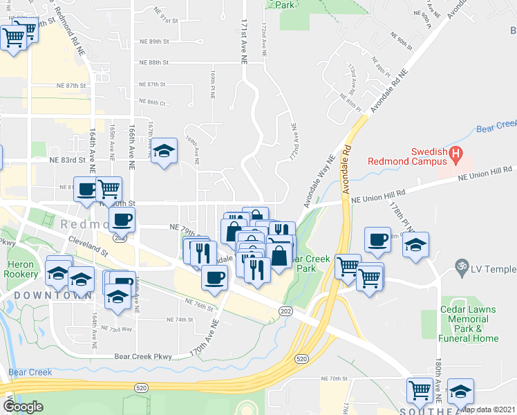 map of restaurants, bars, coffee shops, grocery stores, and more near 17107 Northeast 80th Street in Redmond