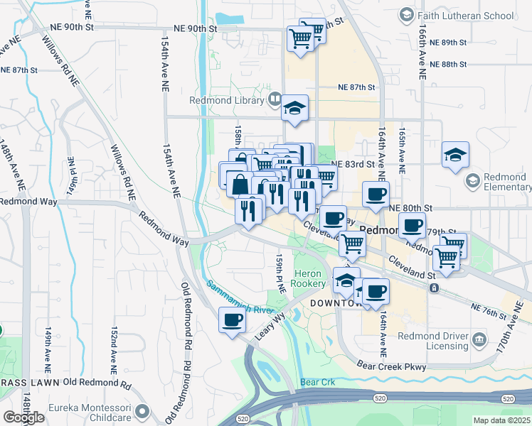 map of restaurants, bars, coffee shops, grocery stores, and more near 15935 Redmond Way in Redmond