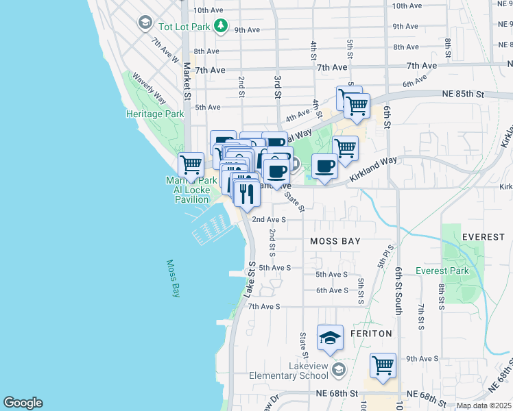 map of restaurants, bars, coffee shops, grocery stores, and more near 108 2nd Avenue South in Kirkland