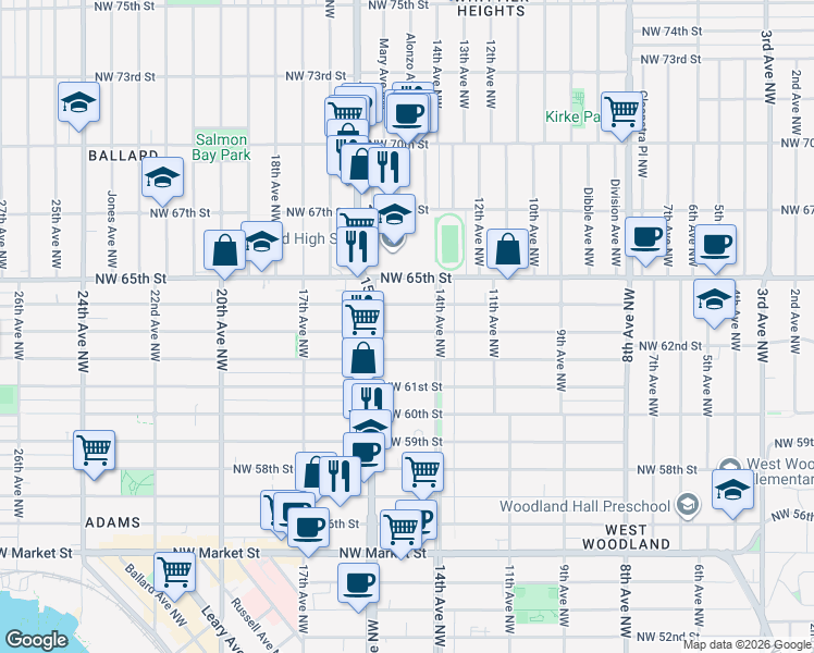 map of restaurants, bars, coffee shops, grocery stores, and more near 1420 Northwest 63rd Street in Seattle