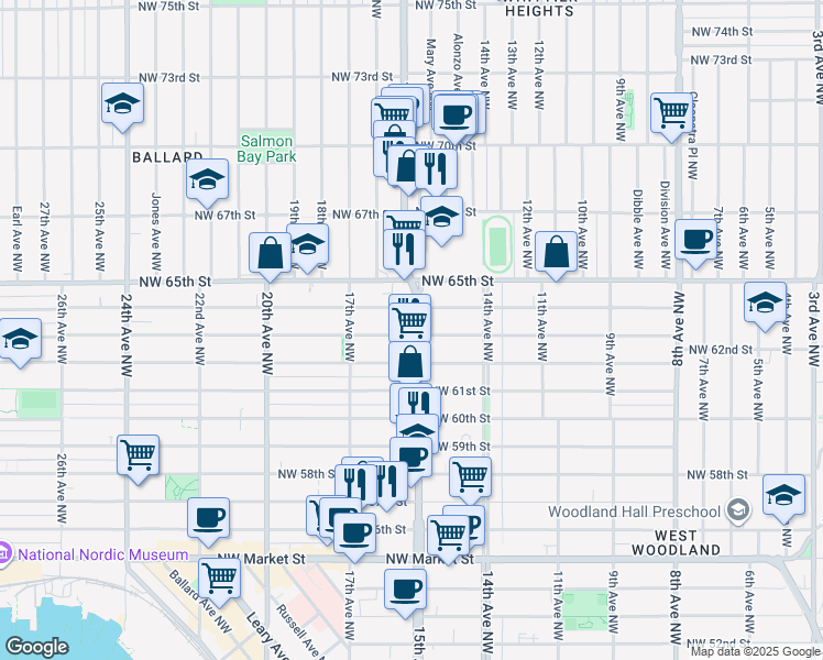 map of restaurants, bars, coffee shops, grocery stores, and more near 6212 15th Avenue Northwest in Seattle