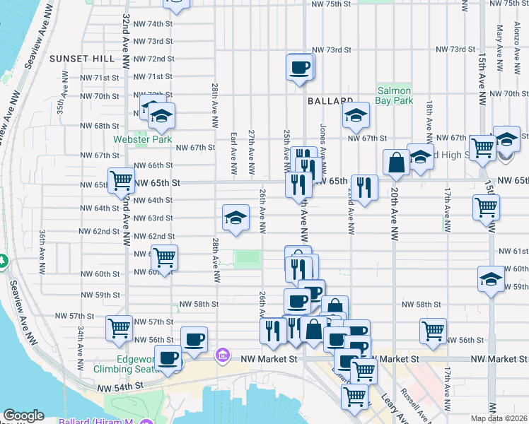 map of restaurants, bars, coffee shops, grocery stores, and more near 2441A Northwest 63rd Street in Seattle