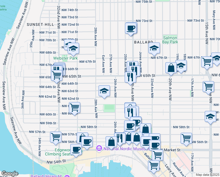 map of restaurants, bars, coffee shops, grocery stores, and more near 2619 Northwest 63rd Street in Seattle