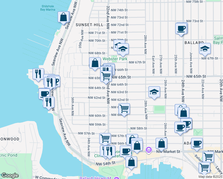 map of restaurants, bars, coffee shops, grocery stores, and more near 3203 Northwest 64th Street in Seattle