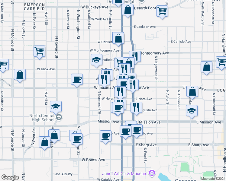 map of restaurants, bars, coffee shops, grocery stores, and more near 27 West Indiana Avenue in Spokane