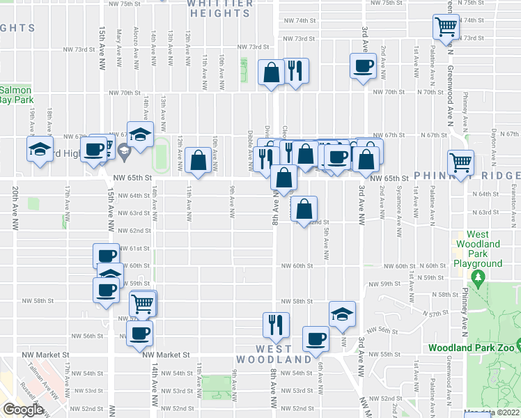 map of restaurants, bars, coffee shops, grocery stores, and more near 822 Northwest 63rd Street in Seattle