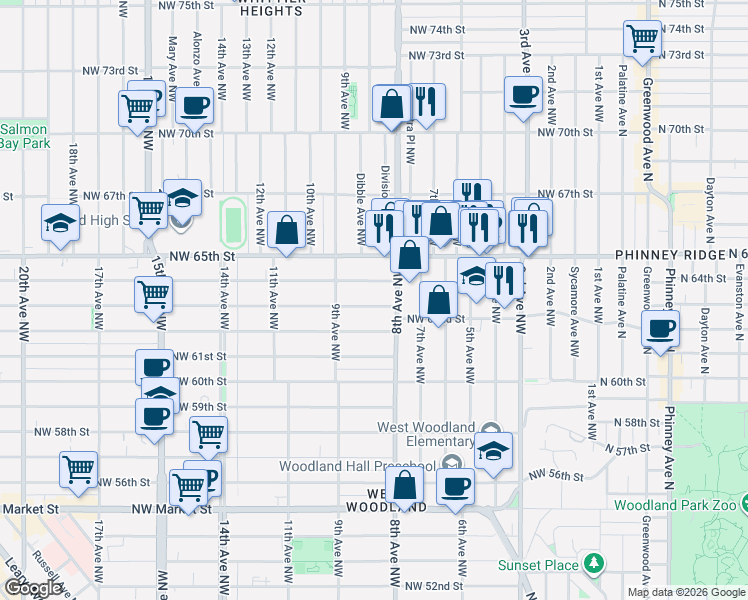 map of restaurants, bars, coffee shops, grocery stores, and more near 822 Northwest 63rd Street in Seattle