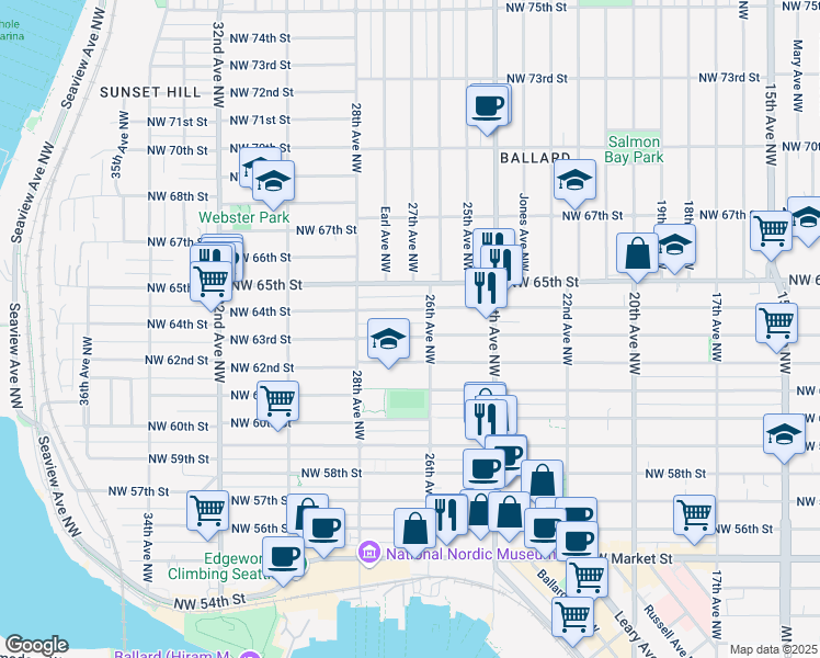 map of restaurants, bars, coffee shops, grocery stores, and more near 2619 Northwest 63rd Street in Seattle