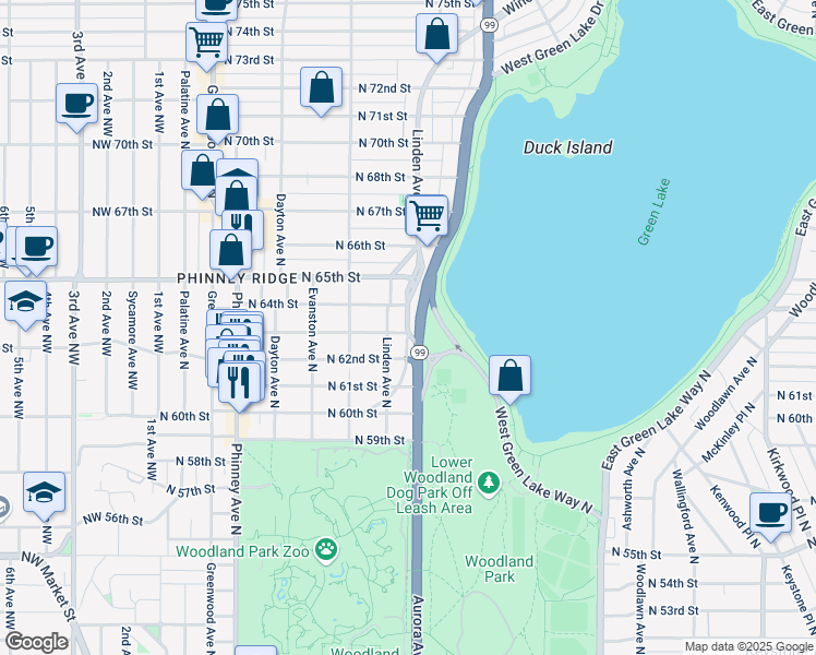map of restaurants, bars, coffee shops, grocery stores, and more near Woodland Place North in Seattle