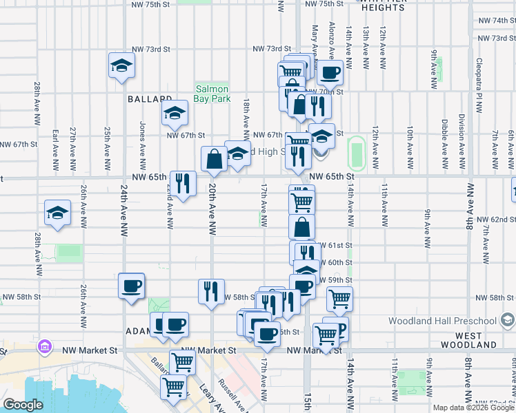 map of restaurants, bars, coffee shops, grocery stores, and more near 1707A Northwest 63rd Street in Seattle