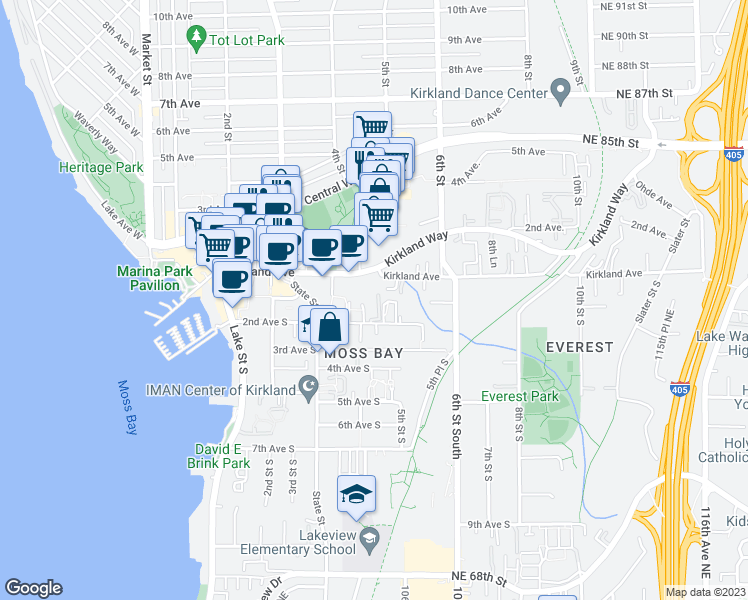map of restaurants, bars, coffee shops, grocery stores, and more near 408 2nd Avenue South in Kirkland