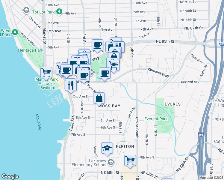 map of restaurants, bars, coffee shops, grocery stores, and more near 408 2nd Avenue South in Kirkland
