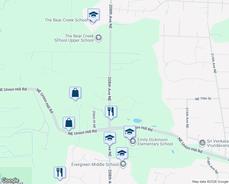 map of restaurants, bars, coffee shops, grocery stores, and more near 7922 208th Avenue Northeast in Redmond