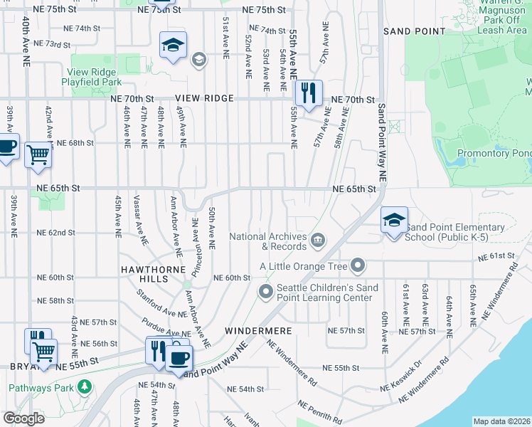 map of restaurants, bars, coffee shops, grocery stores, and more near 6231 53rd Avenue Northeast in Seattle