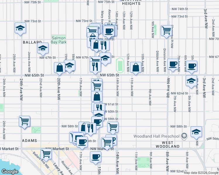 map of restaurants, bars, coffee shops, grocery stores, and more near 1420 Northwest 63rd Street in Seattle